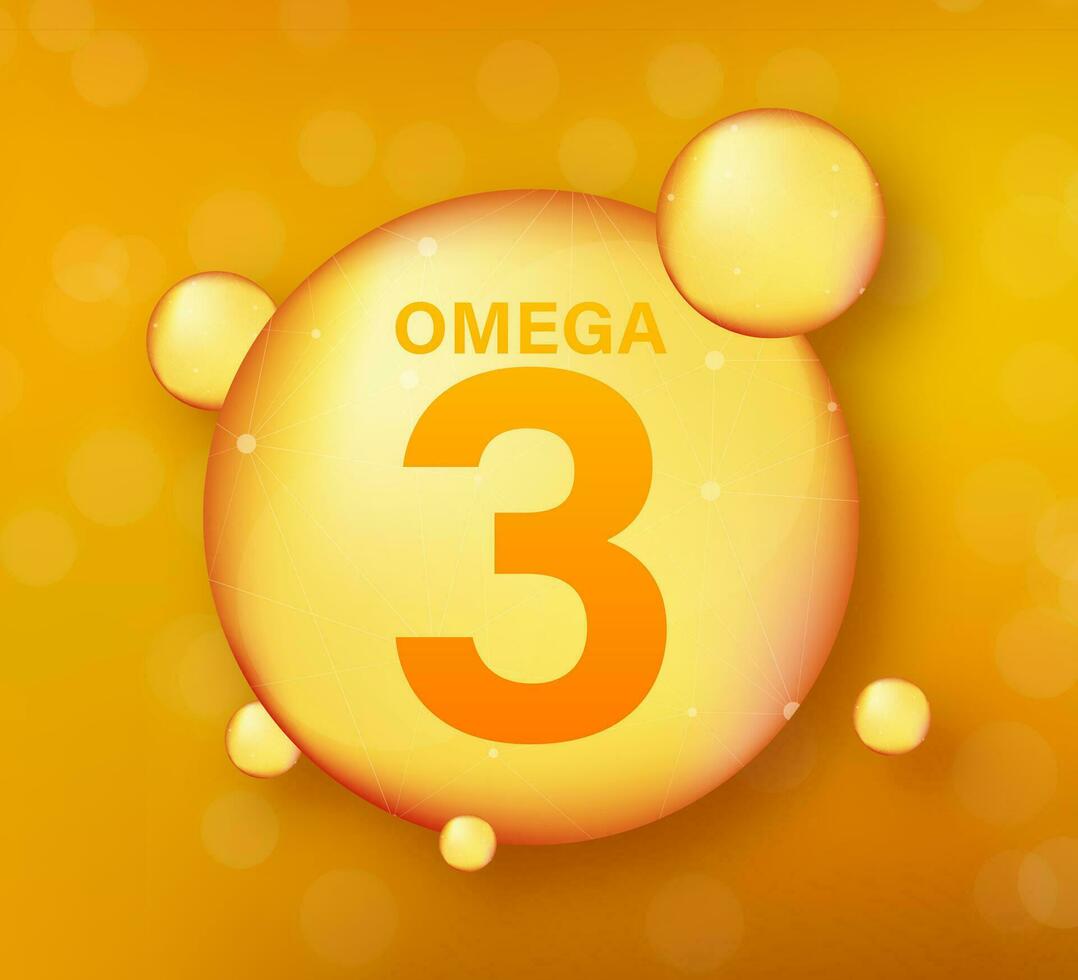 Omega 3 gold icon. Vitamin drop pill capsule. Shining golden essence droplet. Vector illustration
