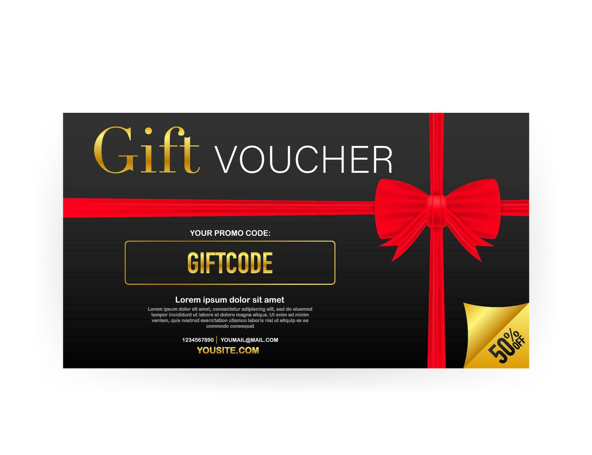 Template gold gift card. Promo code. Vector Gift Voucher with Coupon