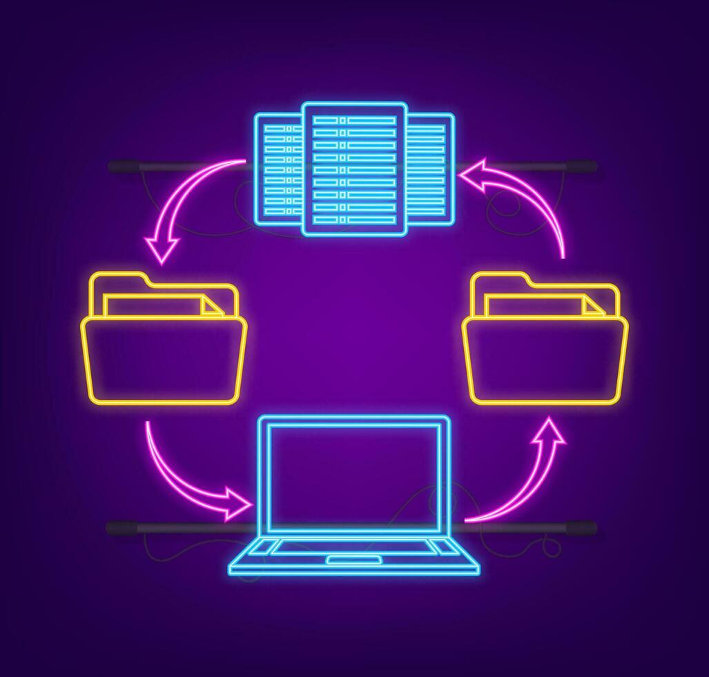 Data center information in cartoon style. Isometric vector. Database system. Neon icon. vector
