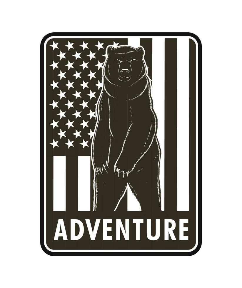 adventure badge with bear and USA flag background vector