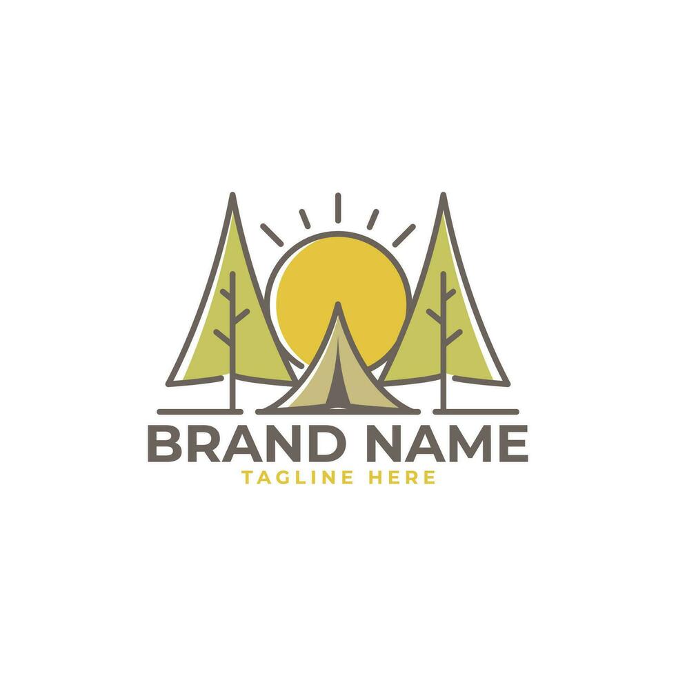 Camping icon vector logo template. Mountains, pine trees and tents. Suitable for an adventure logo.