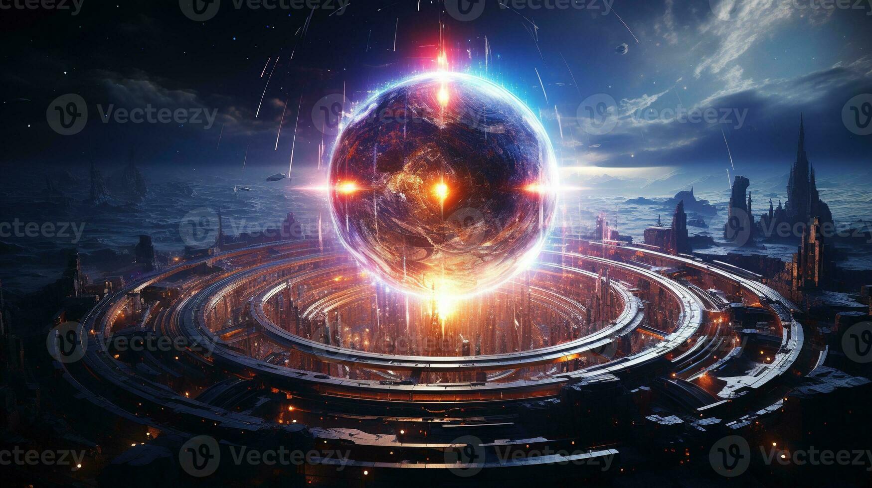 radiant cybernetic cosmos, digital art illustration, Generative AI photo