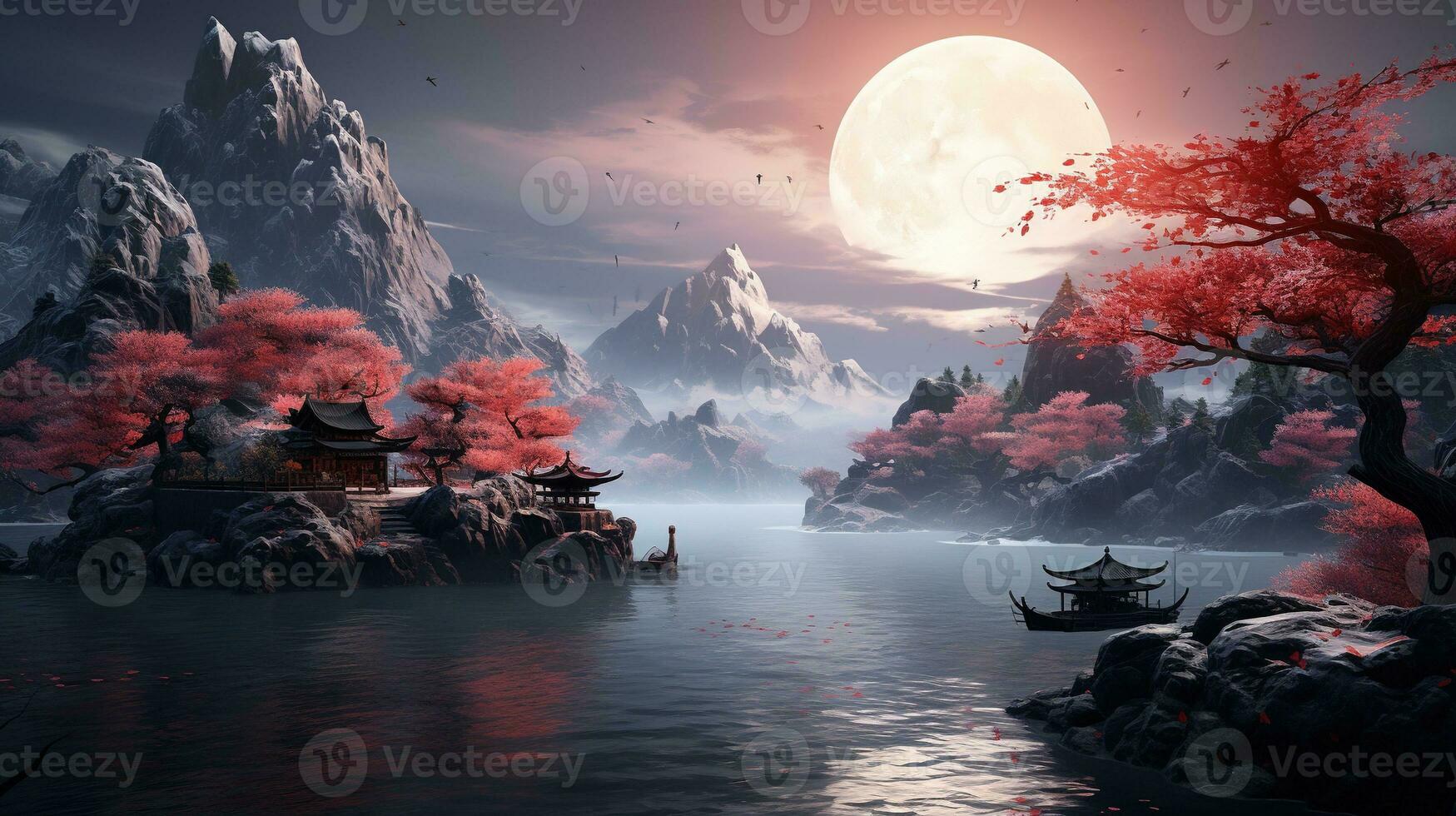 mystical landscapes of the orient, digital art illustration, Generative AI photo