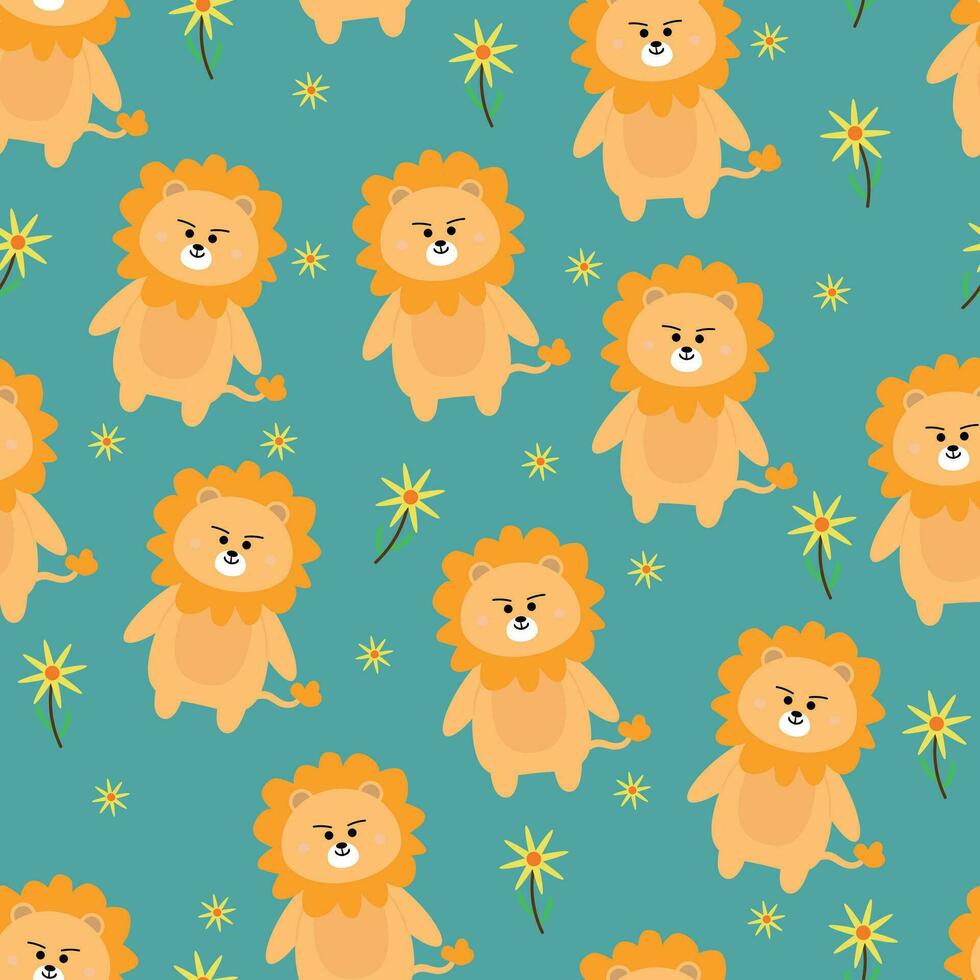 Seamless pattern of lions and flowers in yellow for fabric prints, textiles, gift wrapping paper. colorful vector for children, flat style