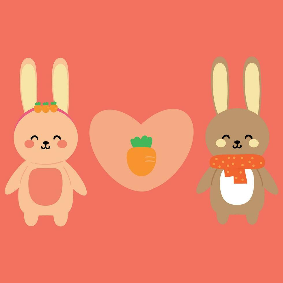 Cute cartoon cople rabbit and carrot, cute pink background vector