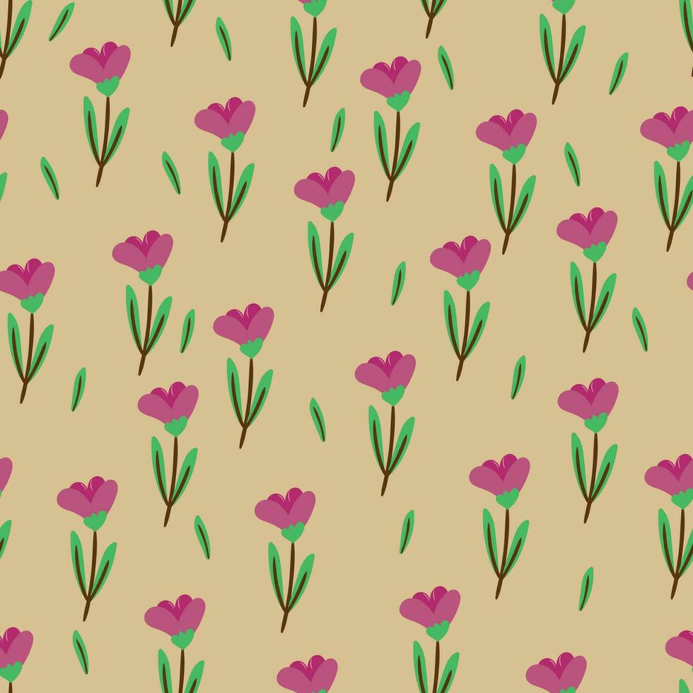 Seamless pattern of purple flowers and leaves on a brown background for fabric prints, textiles, gift wrapping paper. colorful vector for children, flat style