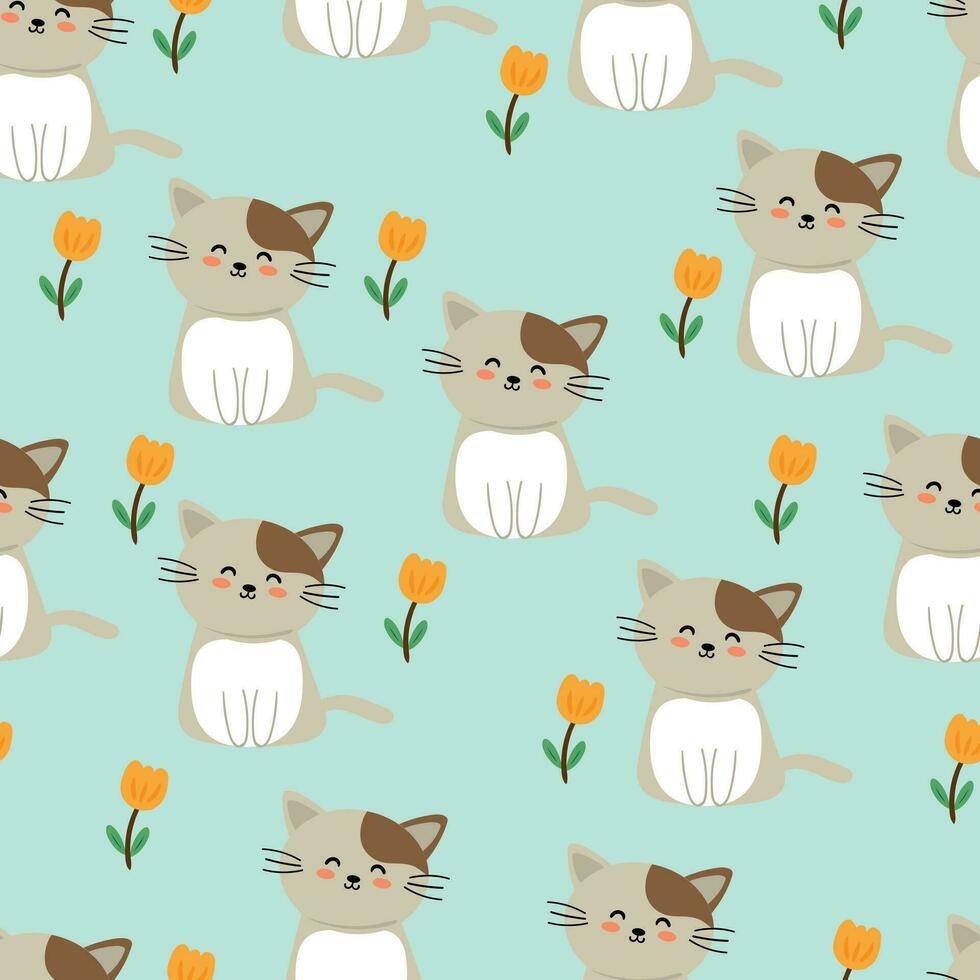 cat and flower pattern on light blue background seamless for fabric prints, textiles, gift wrapping paper. colorful vector for children, flat style
