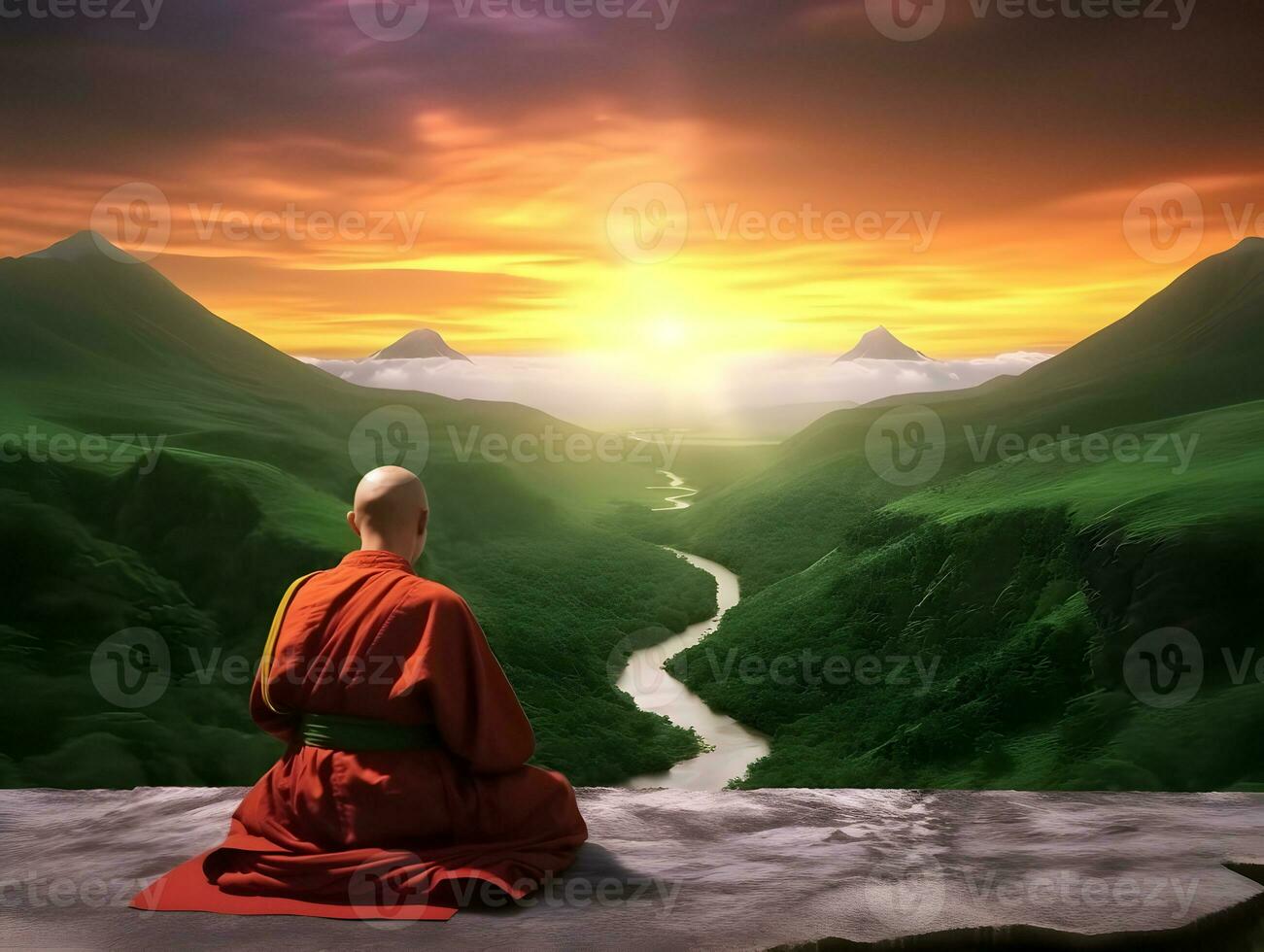 Buddhist monk in meditation on mountaintop at beautiful sunset or sunrise photo