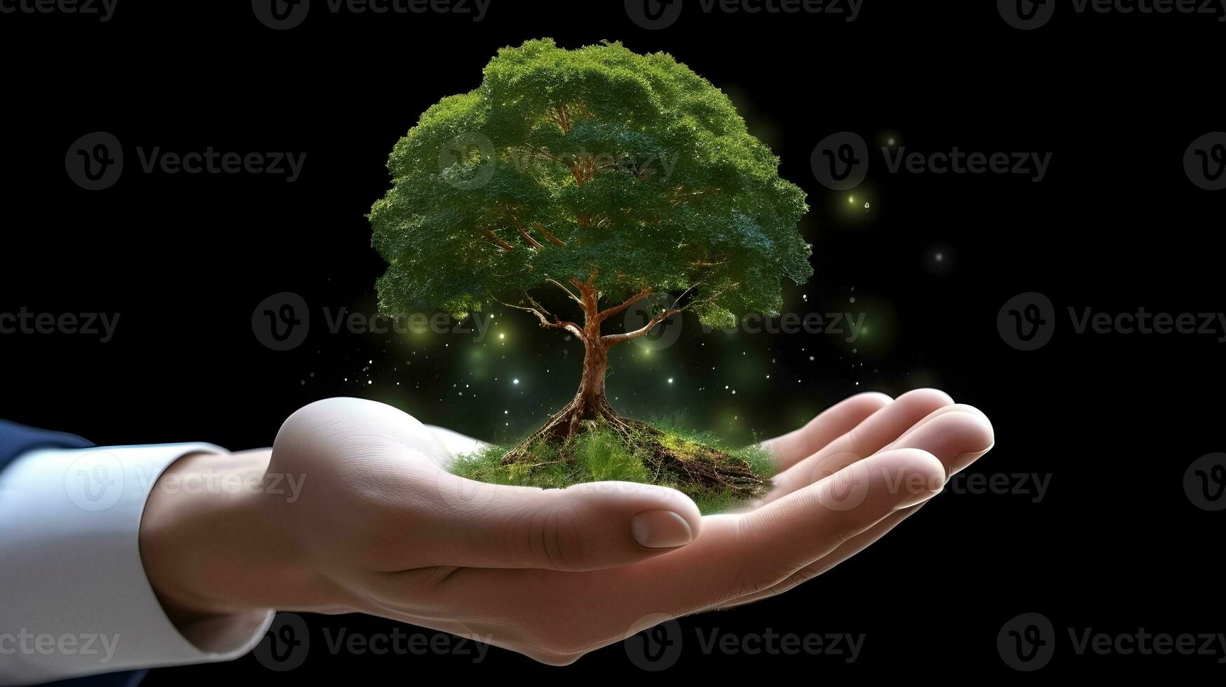 Businessman holding small tree. World tree day, environment day concept. AI generated photo