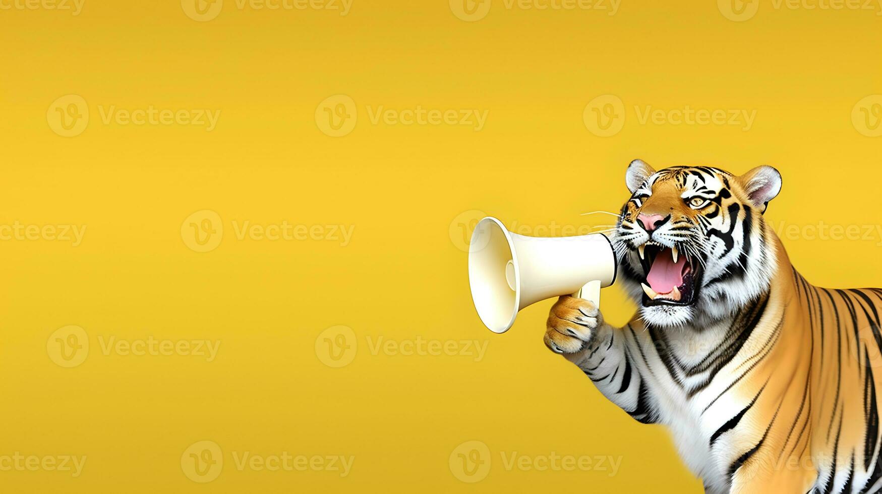 Tigre anunciando utilizando mano vocero. notificando, advertencia, anuncio foto
