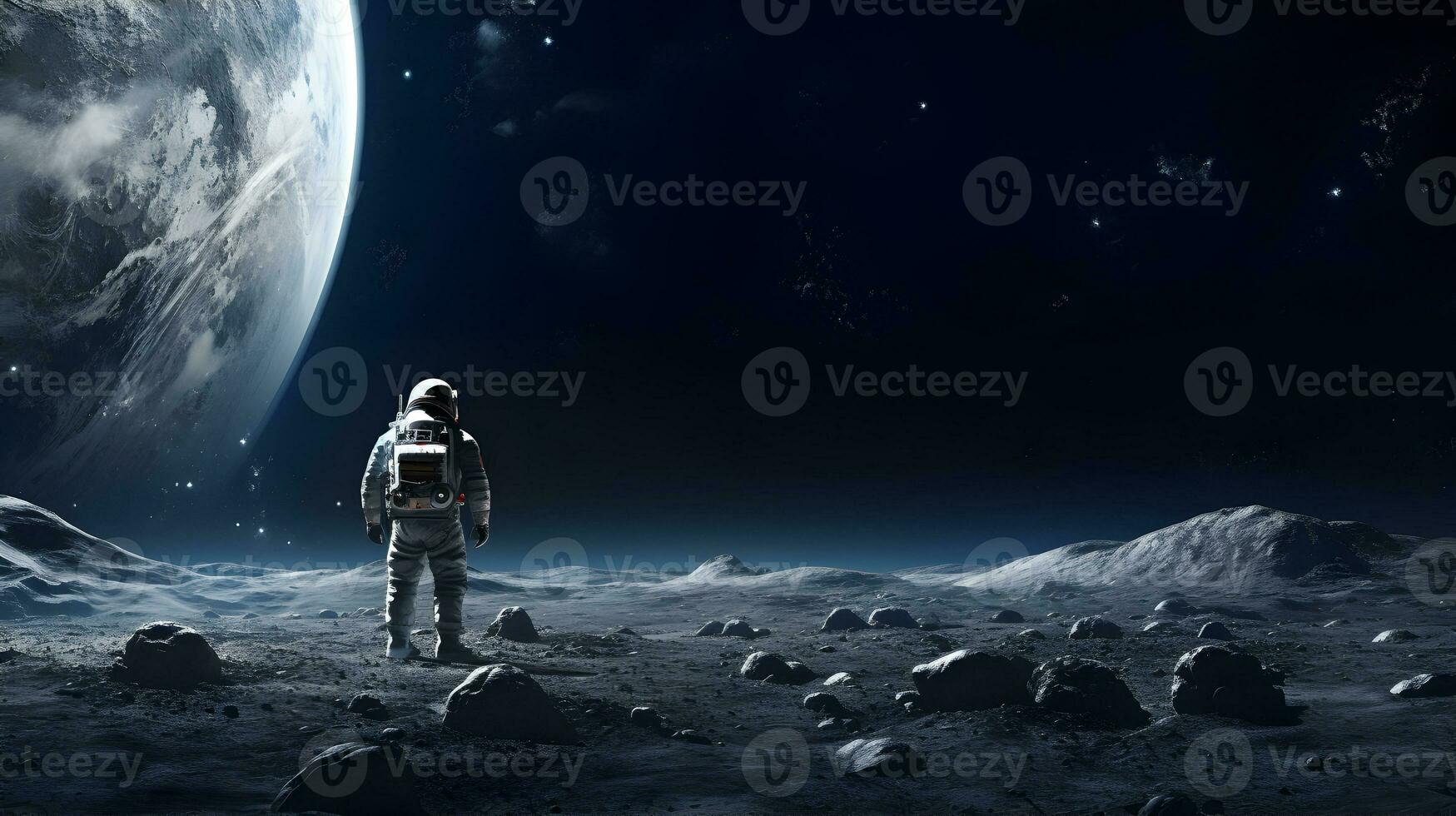 Spaceman or astronaut on the surface of moon. AI generated. photo