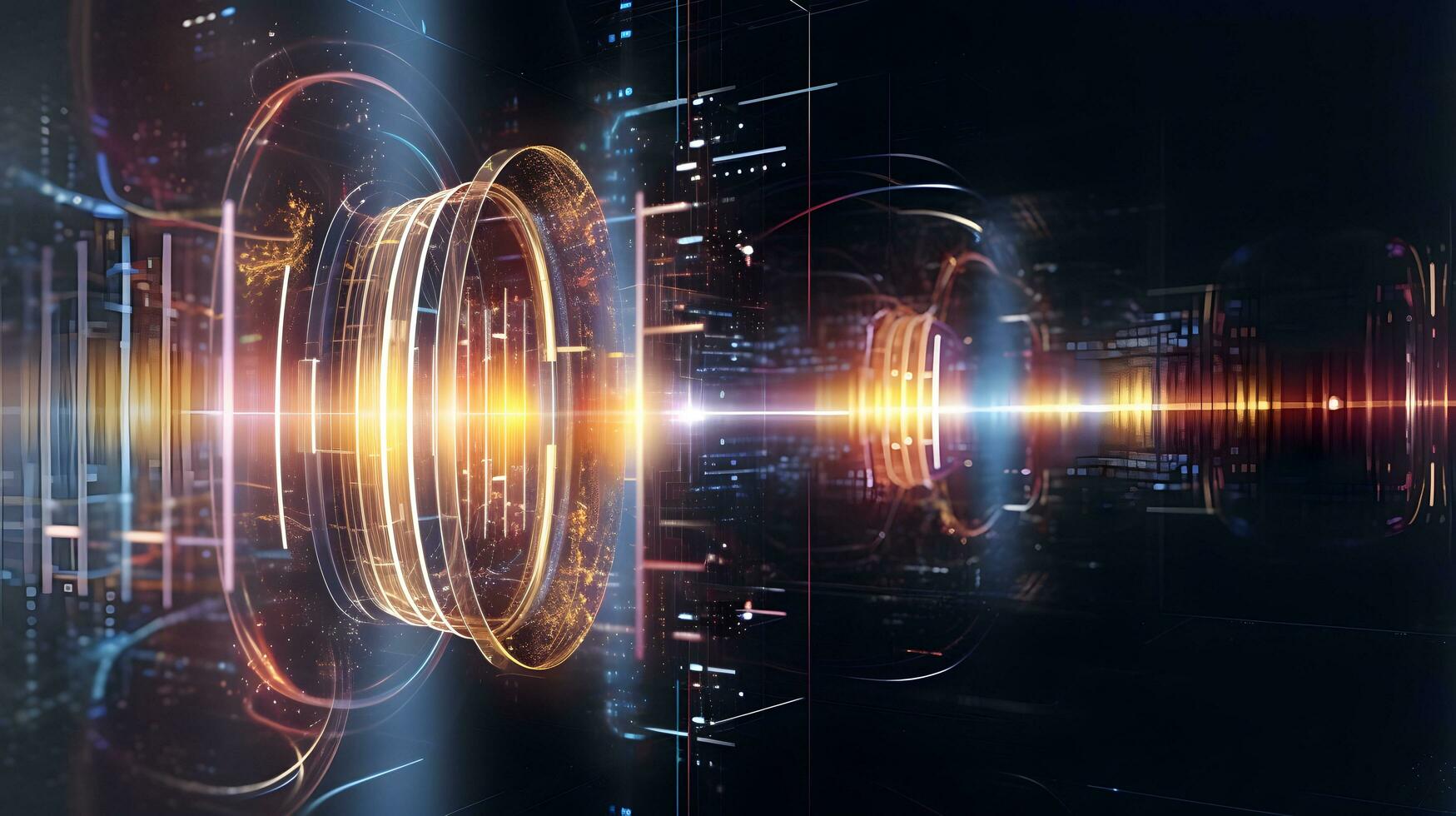 Electrical neon rings abstract background. Quantum computing, cloud computing. photo