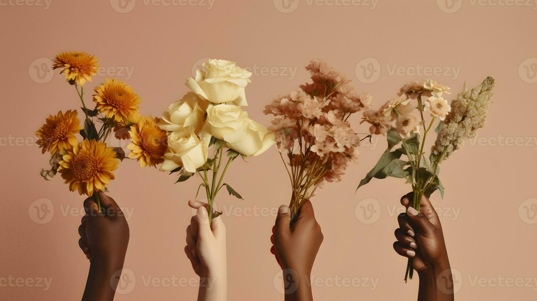 Hands with different skin colors holding beautiful flowers. AI generated photo