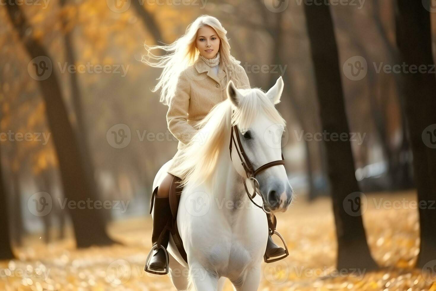 Girl enjoying horseback riding in the countryside photo