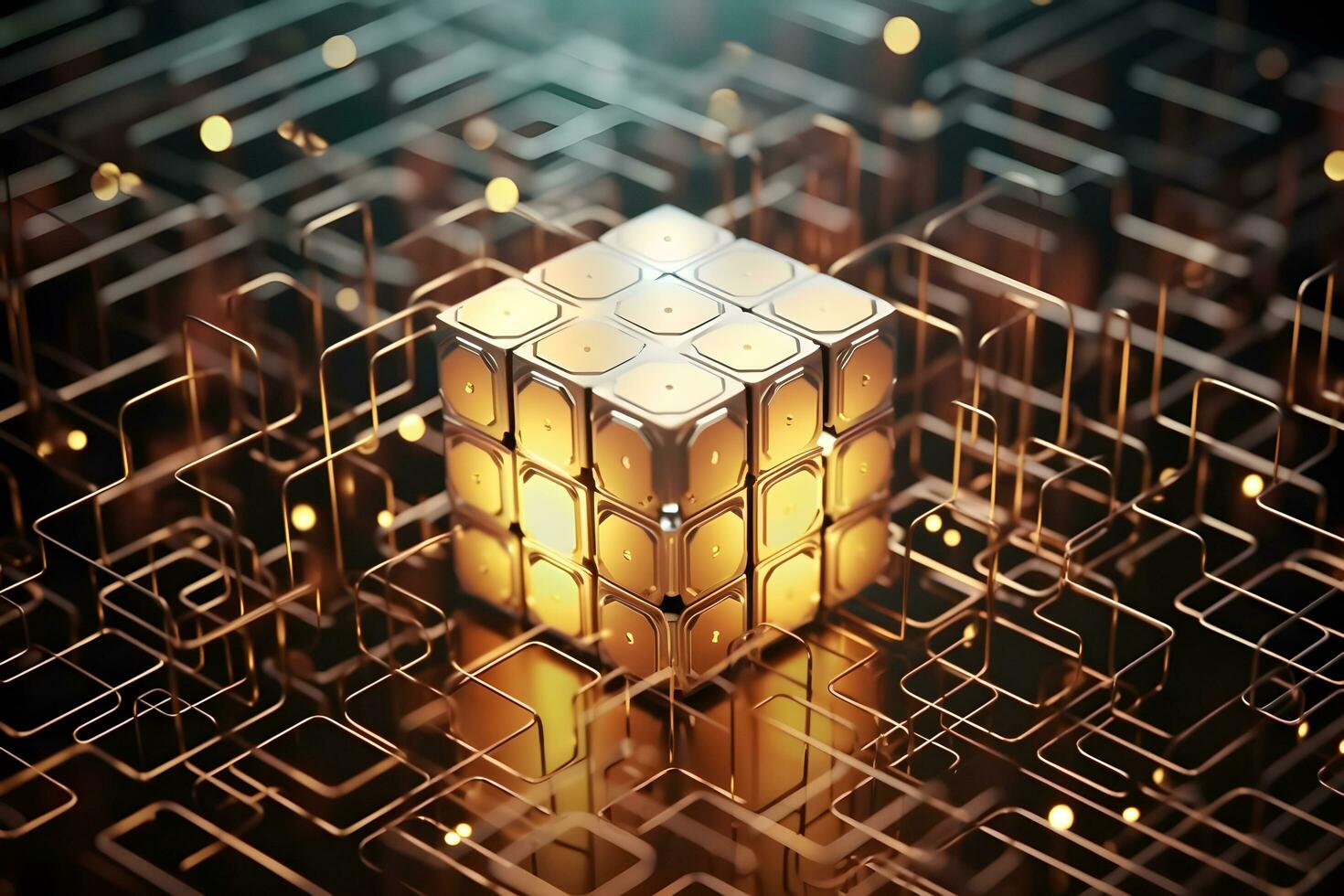 Data storage cube between pathways. Quantum computing, database, cloud computing concept. photo