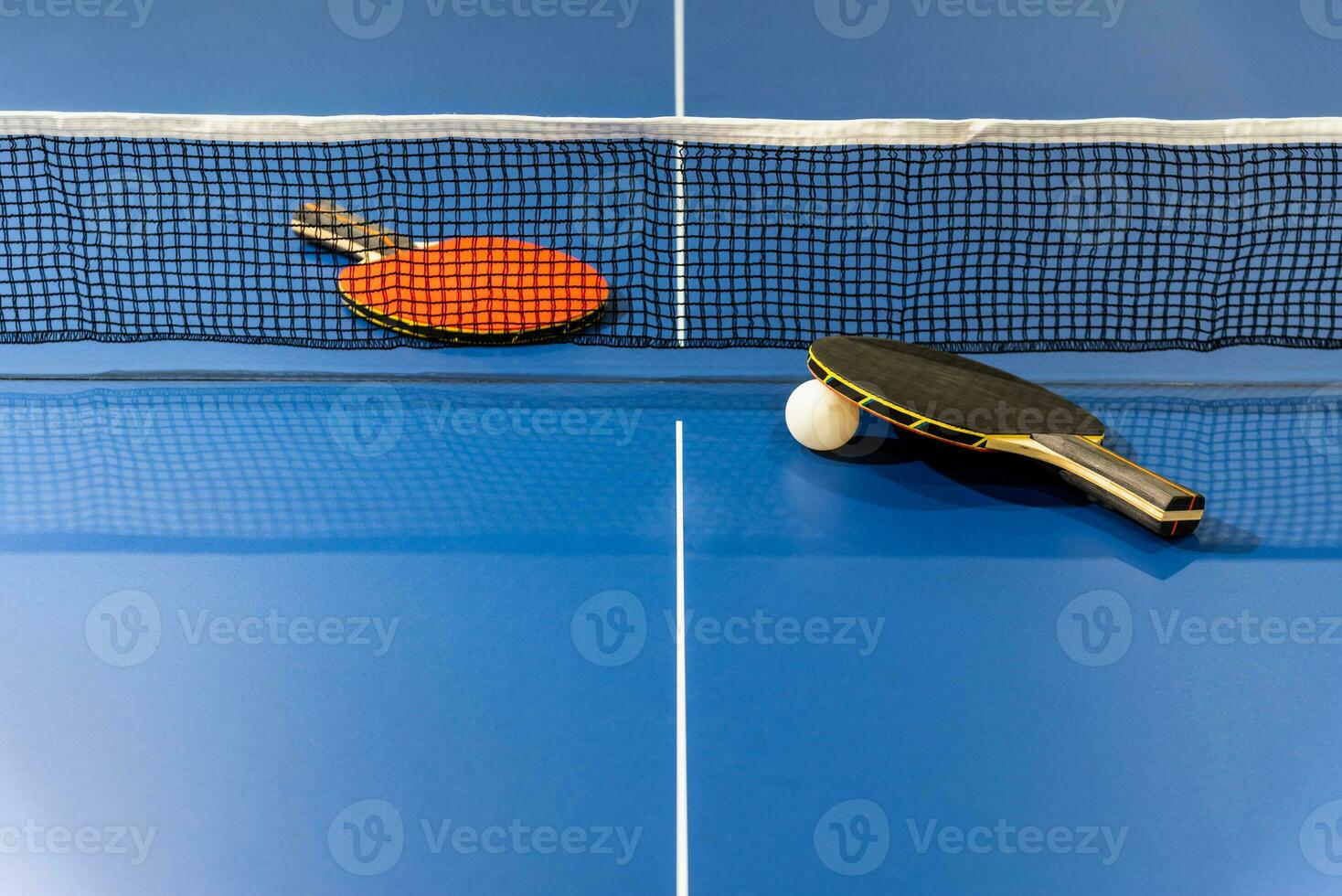 Black and red table tennis paddle with a net photo