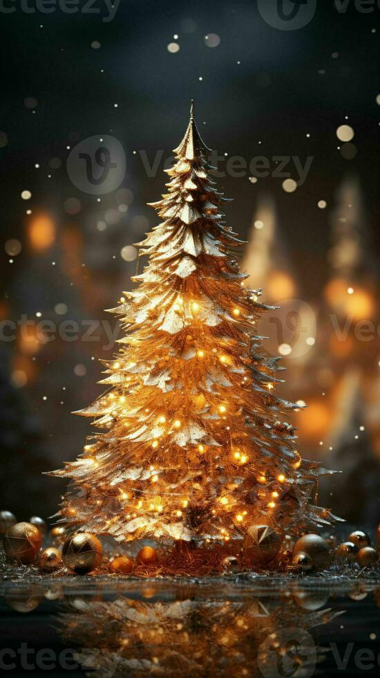 Golden Christmas Tree with Sparkling Lights. Generative AI photo