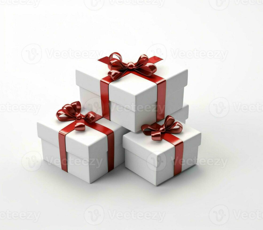 White Gift Boxes with Red Ribbon on White Studio Background. Generative AI photo