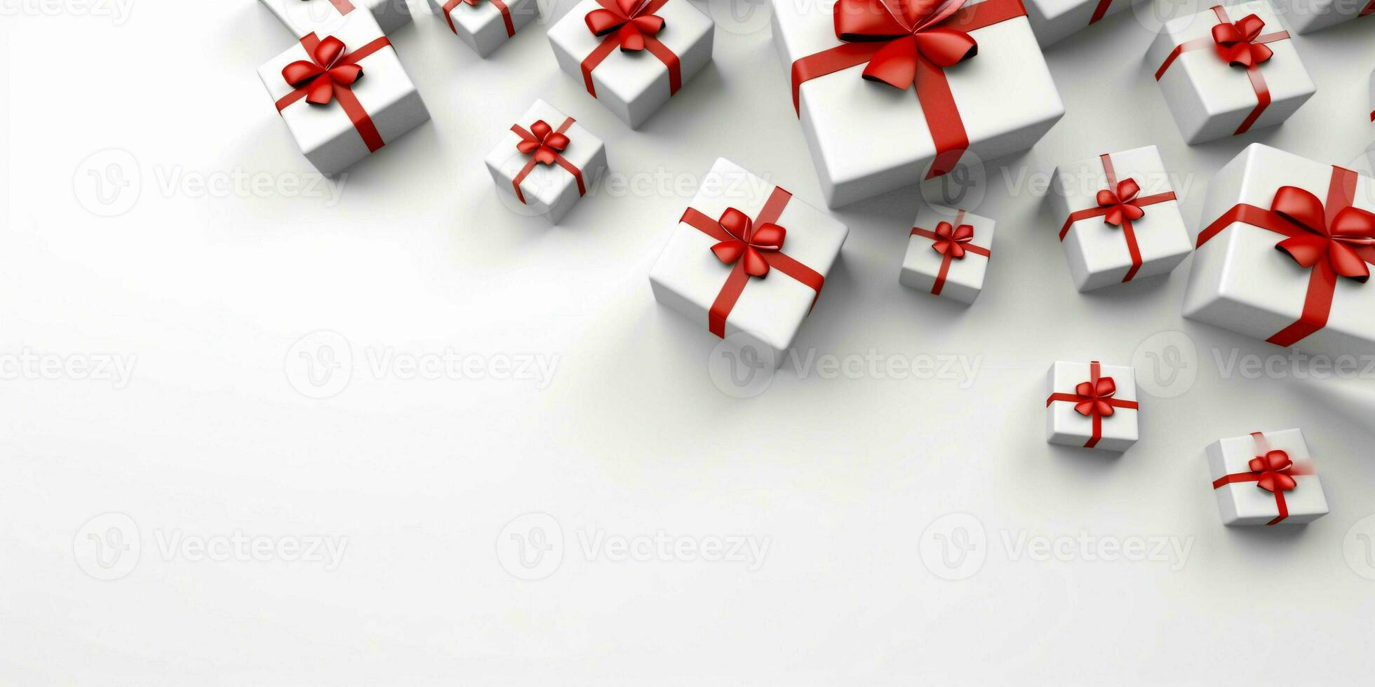 White Gift Boxes with Red Ribbon on White Studio Background. Generative AI photo