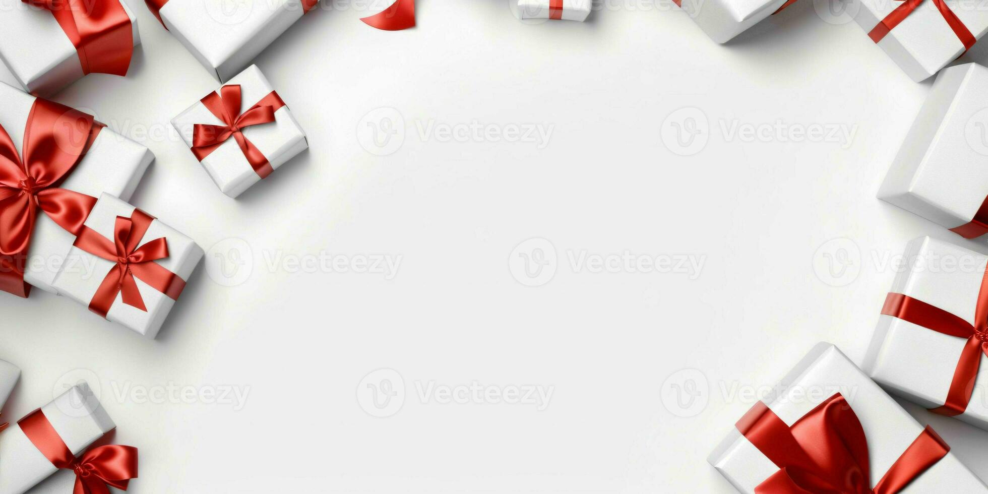 White Gift Boxes with Red Ribbon on White Studio Background. Generative AI photo