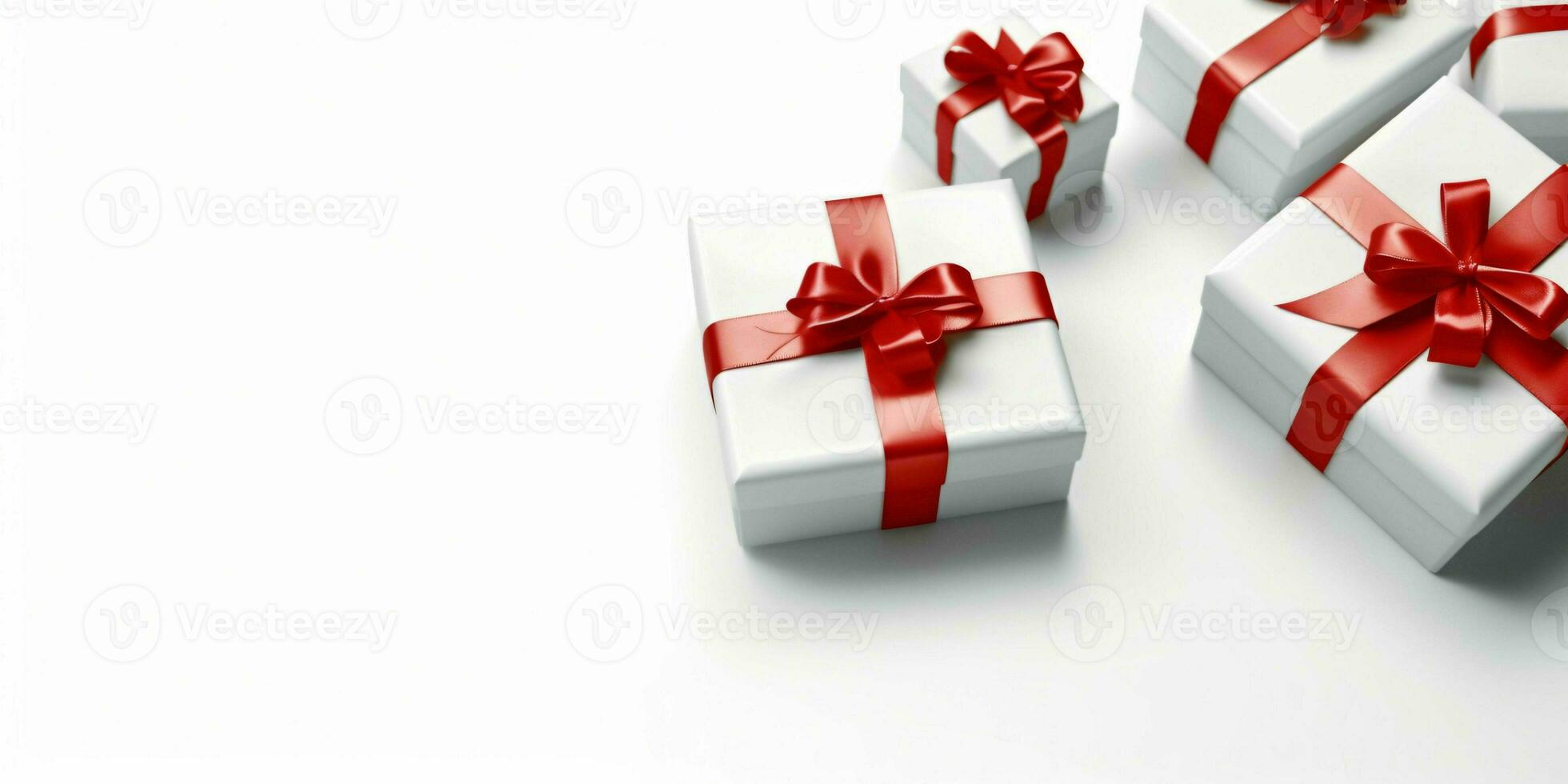 White Gift Boxes with Red Ribbon on White Studio Background. Generative AI photo