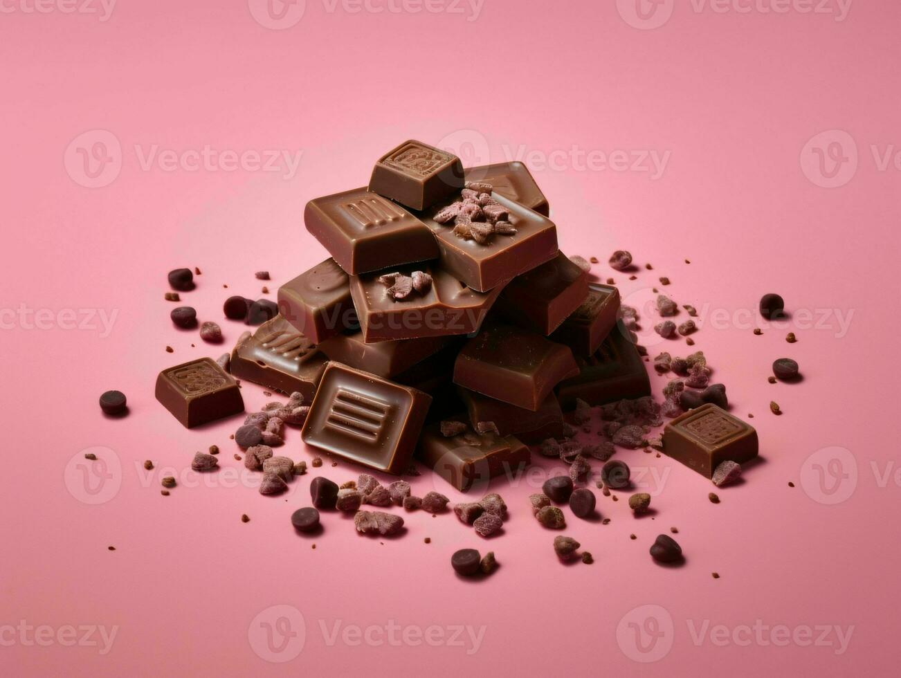 Pieces of Chocolate Isolated on Pink Background. Delicious Chocolate Bar. Generative AI photo