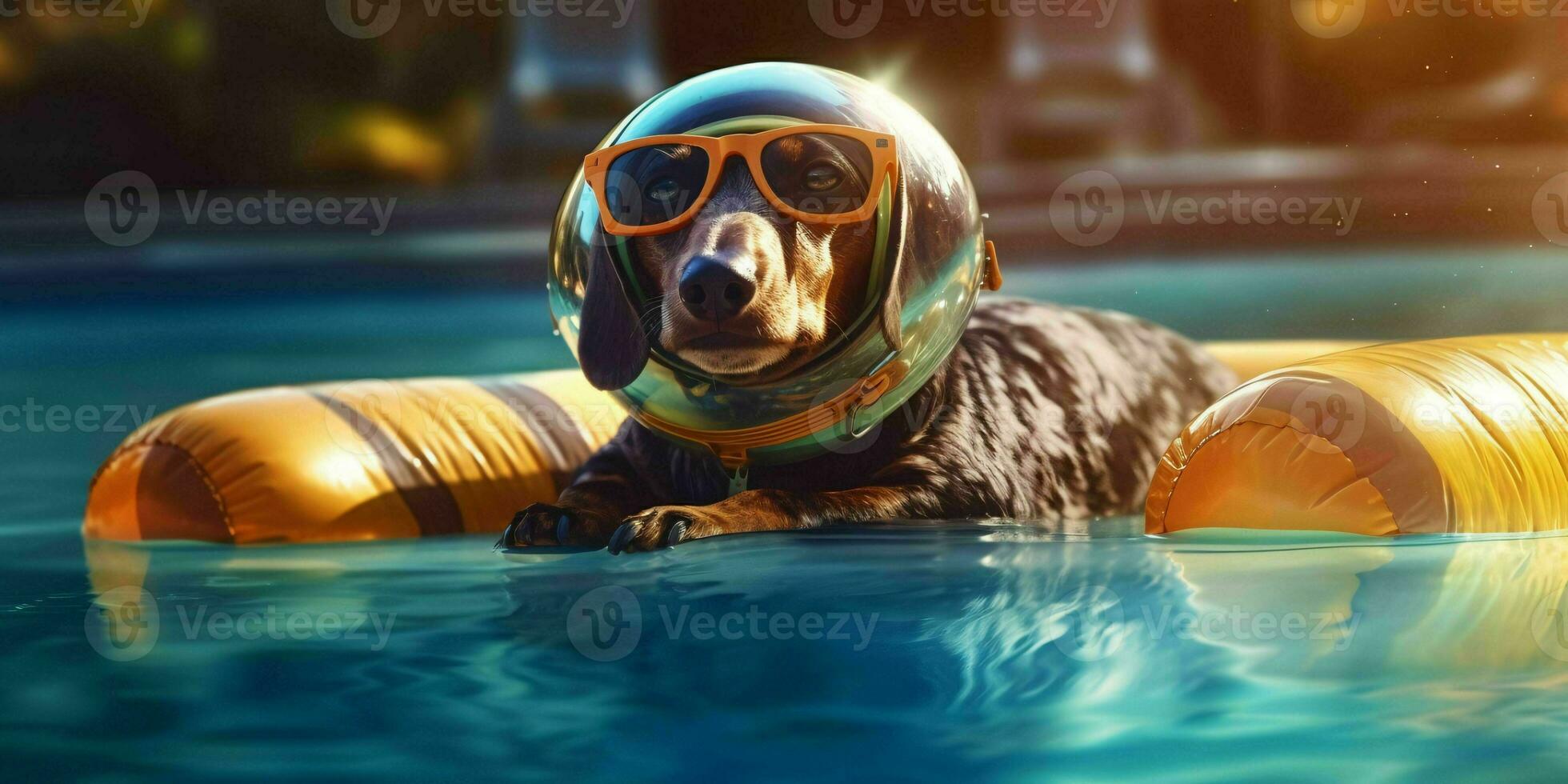 A dog Relaxing on a Swimming Ring in a Pool. Generative AI photo