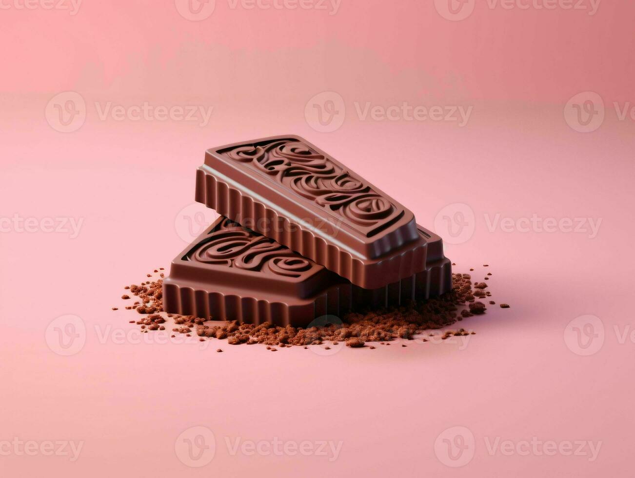 Pieces of Chocolate Isolated on Pink Background. Delicious Chocolate Bar. Generative AI photo