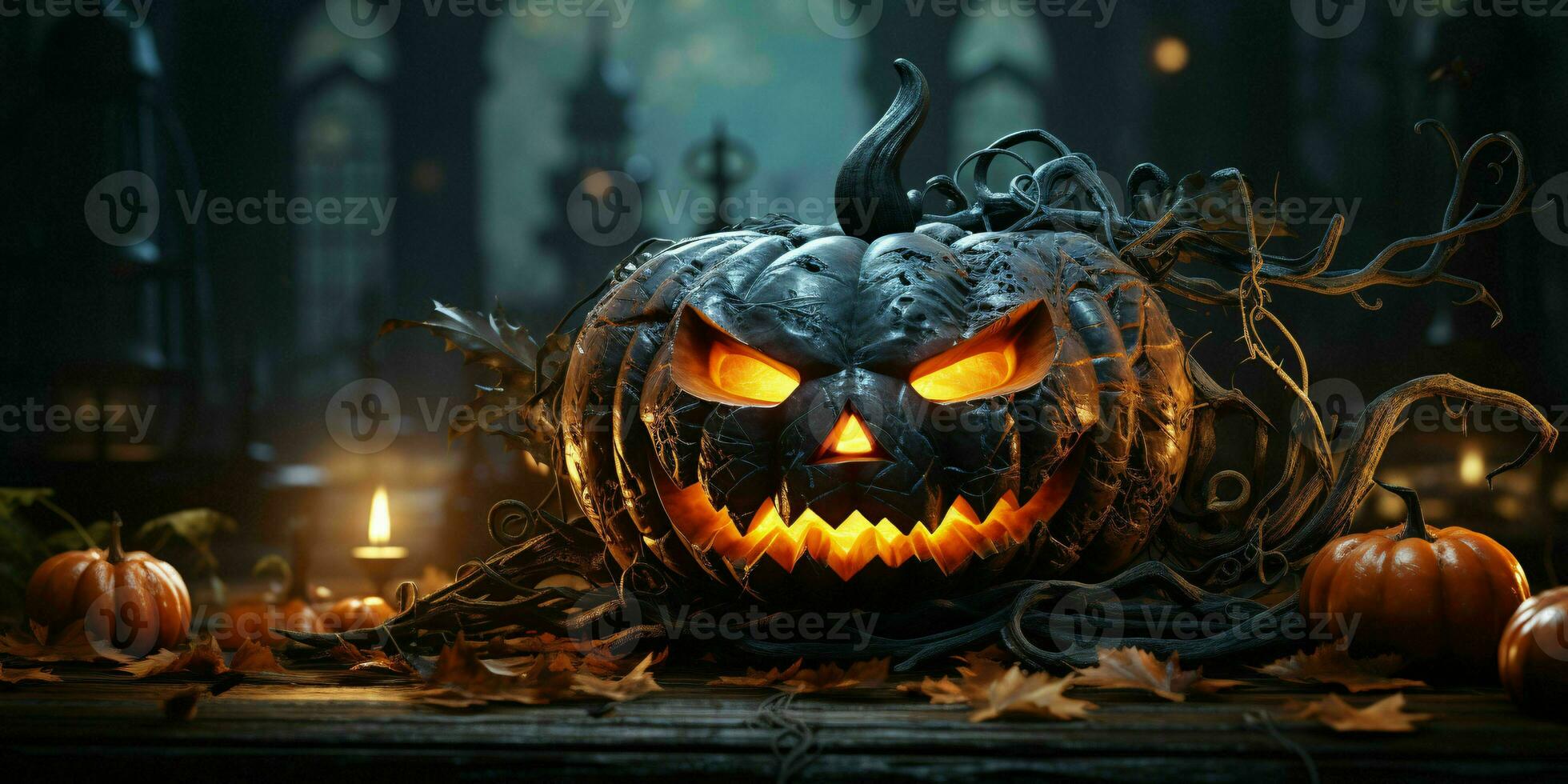 Scary Halloween Pumpkin with a Creepy Smile. Evil Jack O' Lantern on Spooky Background. Generative AI photo