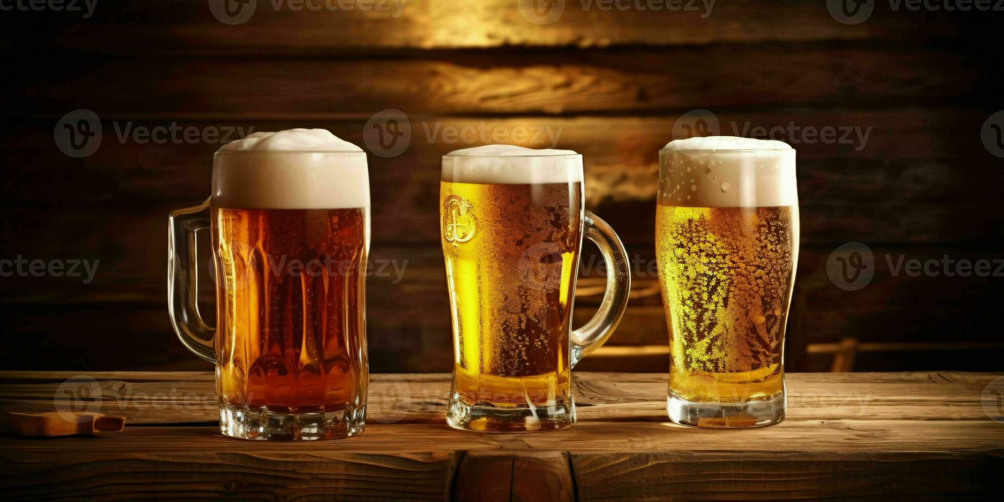Fresh Beer in Various Glass Cups on a Wooden Table. Generative AI photo