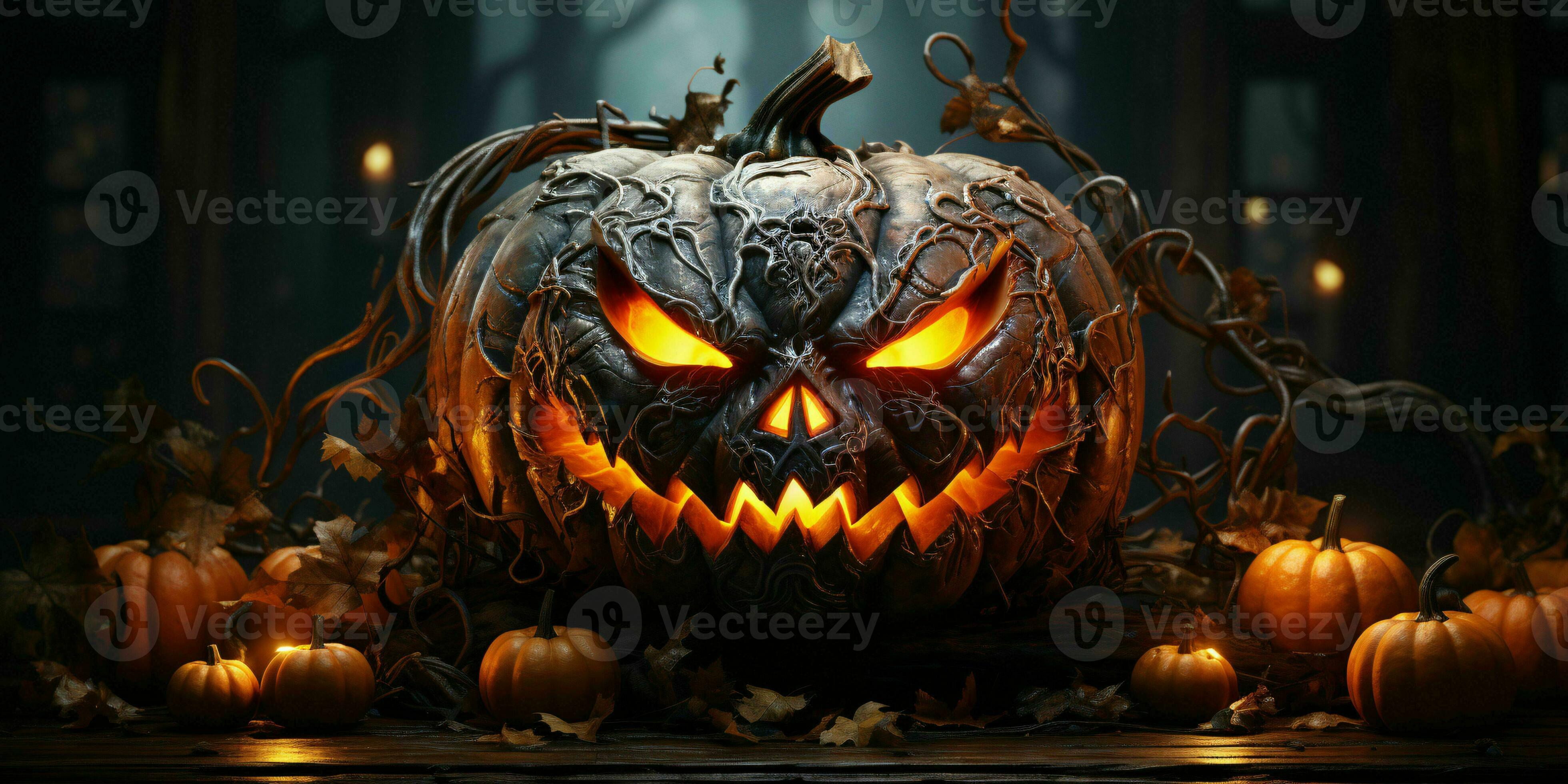 Scary Halloween Pumpkin With A Creepy Smile Evil Jack O Lantern On Scary Halloween Pumpkin With A Creepy Smile Evil Jack O Lantern On Spooky Background Generative Ai Photo