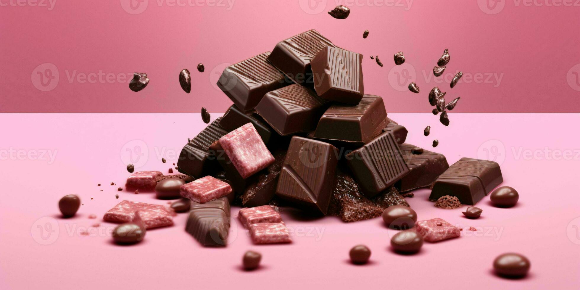 piezas de chocolate aislado en rosado antecedentes. delicioso chocolate bar. generativo ai foto