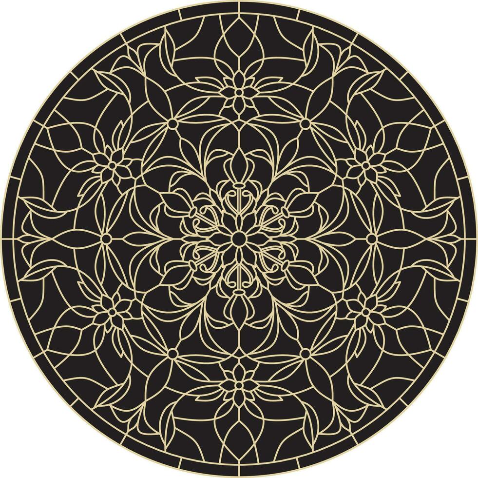 Vector round golden classic ornament. A circle with a europe gold pattern on the black background. Ceiling decoration, ancient Rome, Greece
