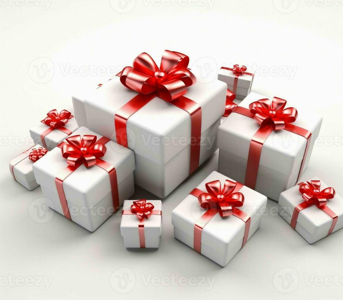 White Gift Boxes with Red Ribbon on White Studio Background. Generative AI photo