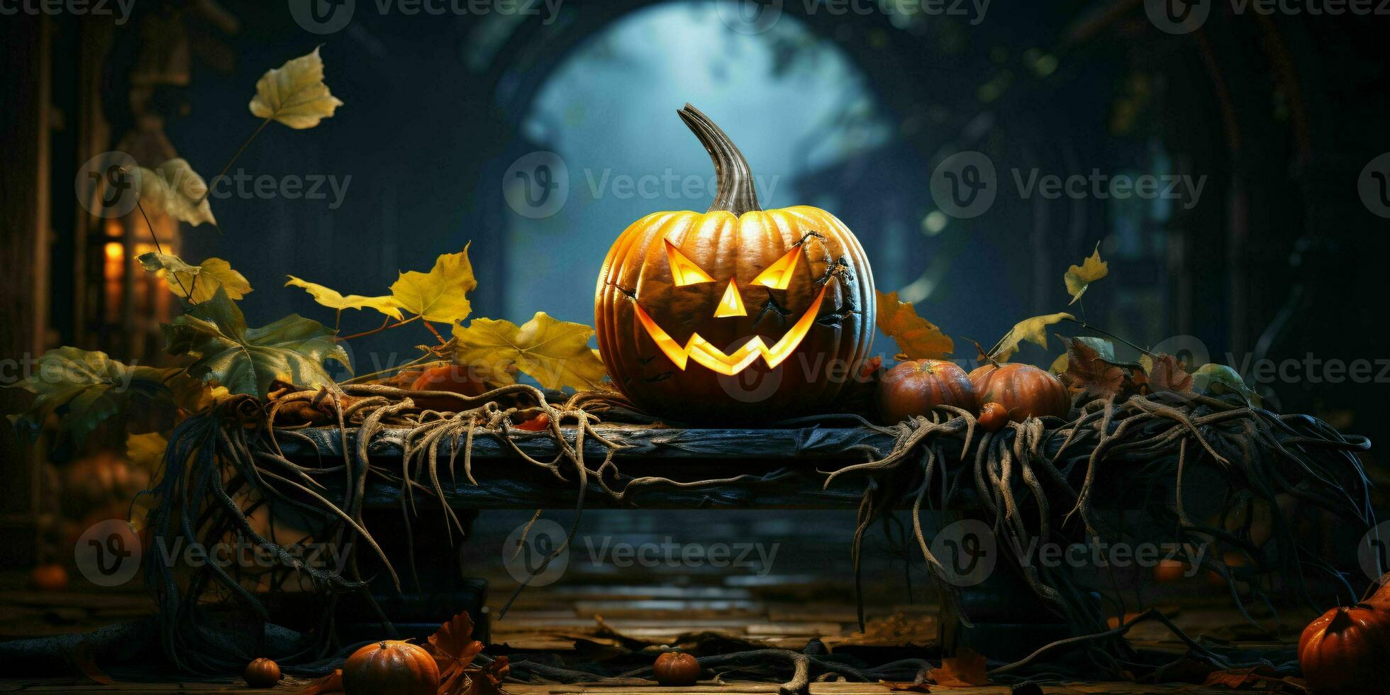 de miedo Víspera de Todos los Santos calabaza con un Siniestro sonrisa. mal Jack o' linterna en escalofriante antecedentes. generativo ai foto