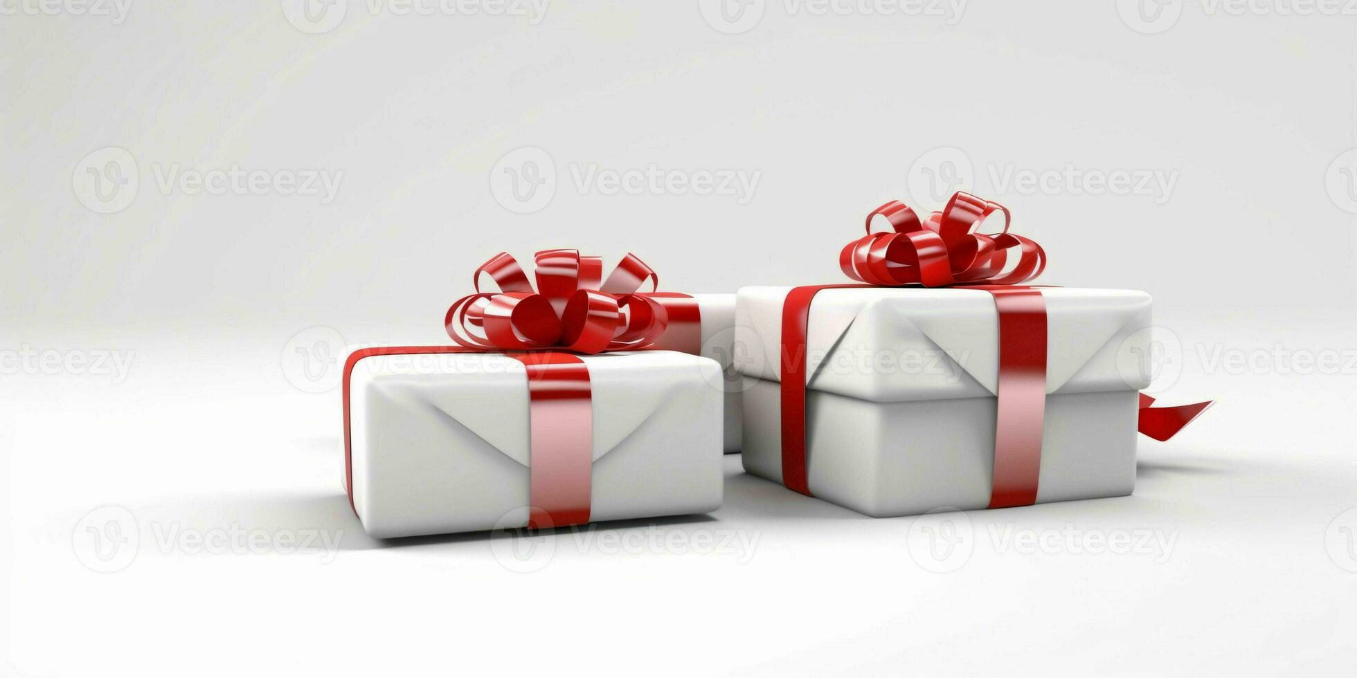 White Gift Boxes with Red Ribbon on White Studio Background. Generative AI photo