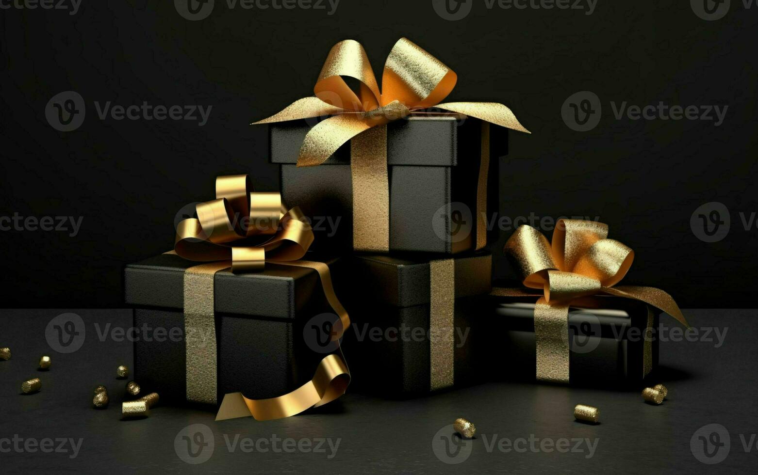 Black Gift Boxes with Gold Ribbon on Black Studio Background. Generative AI photo