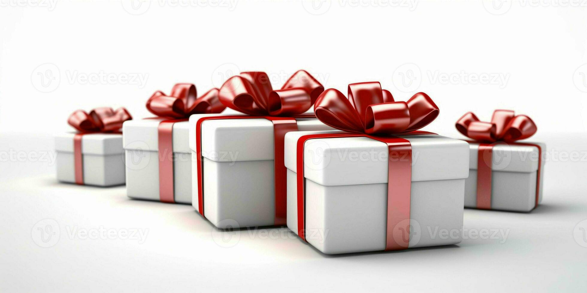 White Gift Boxes with Red Ribbon on White Studio Background. Generative AI photo
