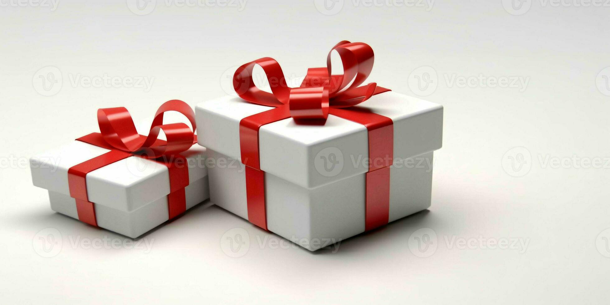 White Gift Boxes with Red Ribbon on White Studio Background. Generative AI photo