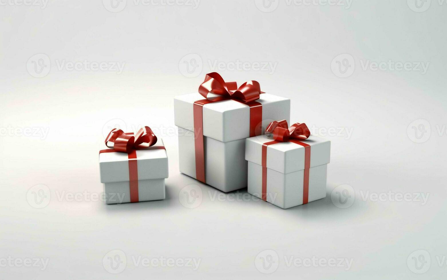 White Gift Boxes with Red Ribbon on White Studio Background. Generative AI photo