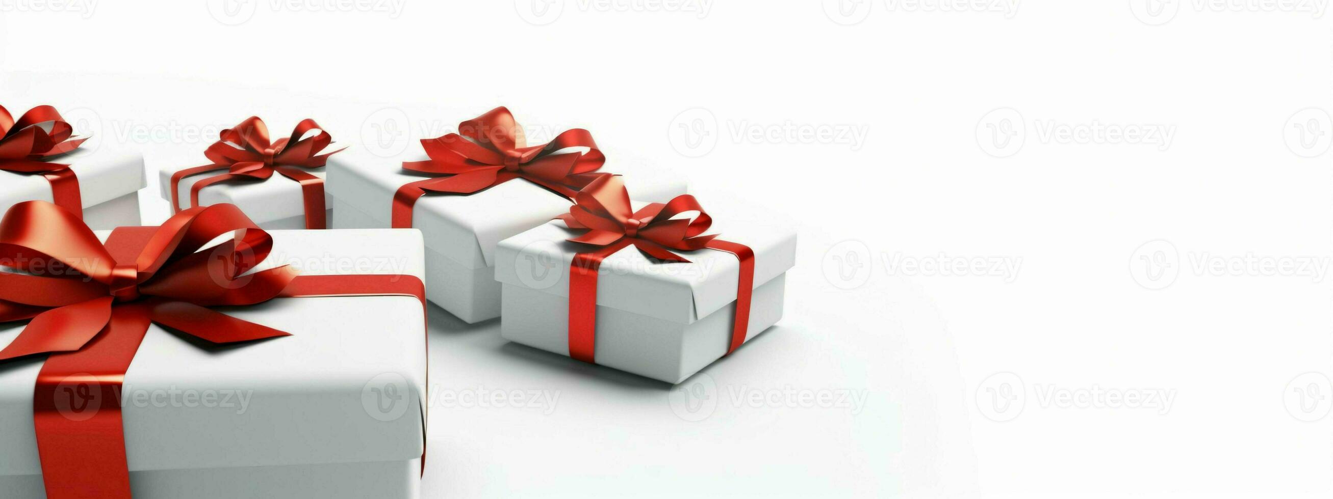 White Gift Boxes with Red Ribbon on White Studio Background. Generative AI photo