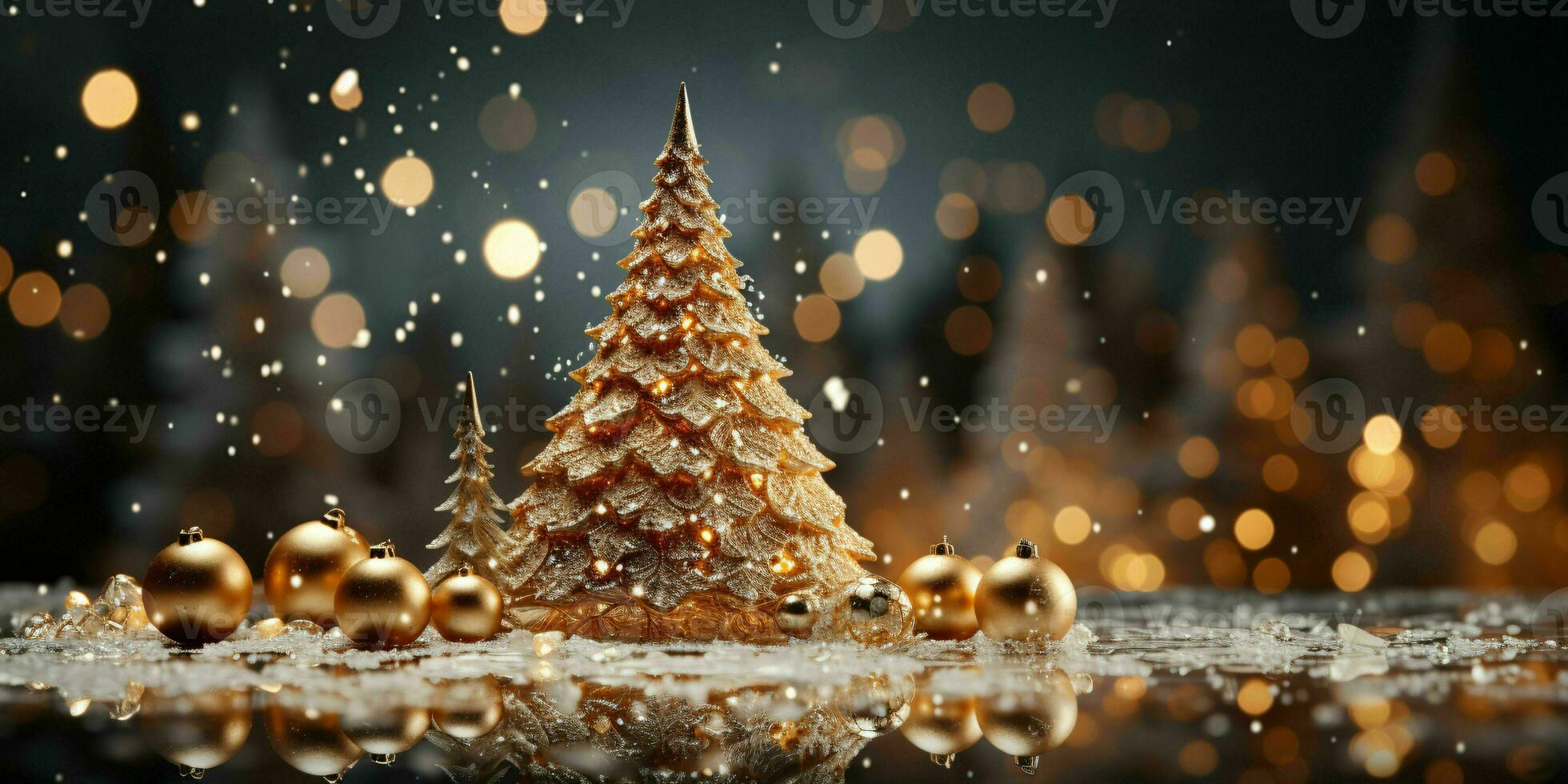 Golden Christmas Tree with Sparkling Lights. Generative AI photo