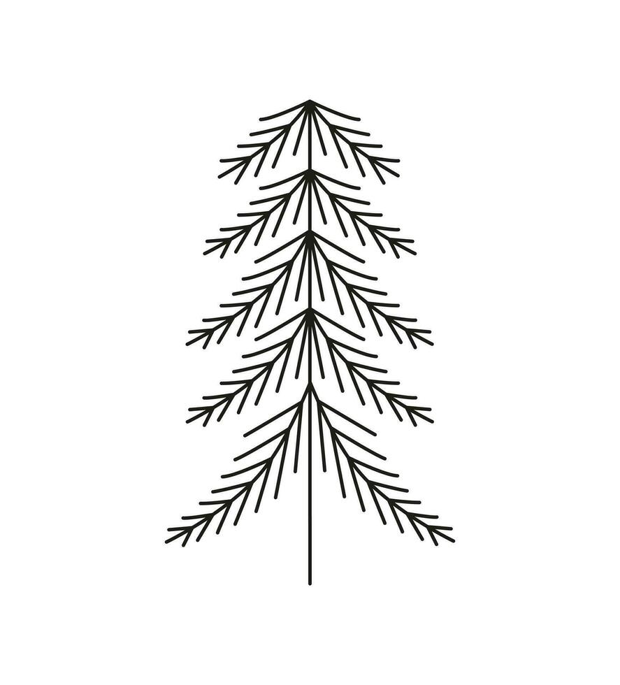 Fluffy pine, Christmas tree linear art. Outline. Line art. Hand drawn doodle. Forest. Winter. Icon, symbol, logo. vector