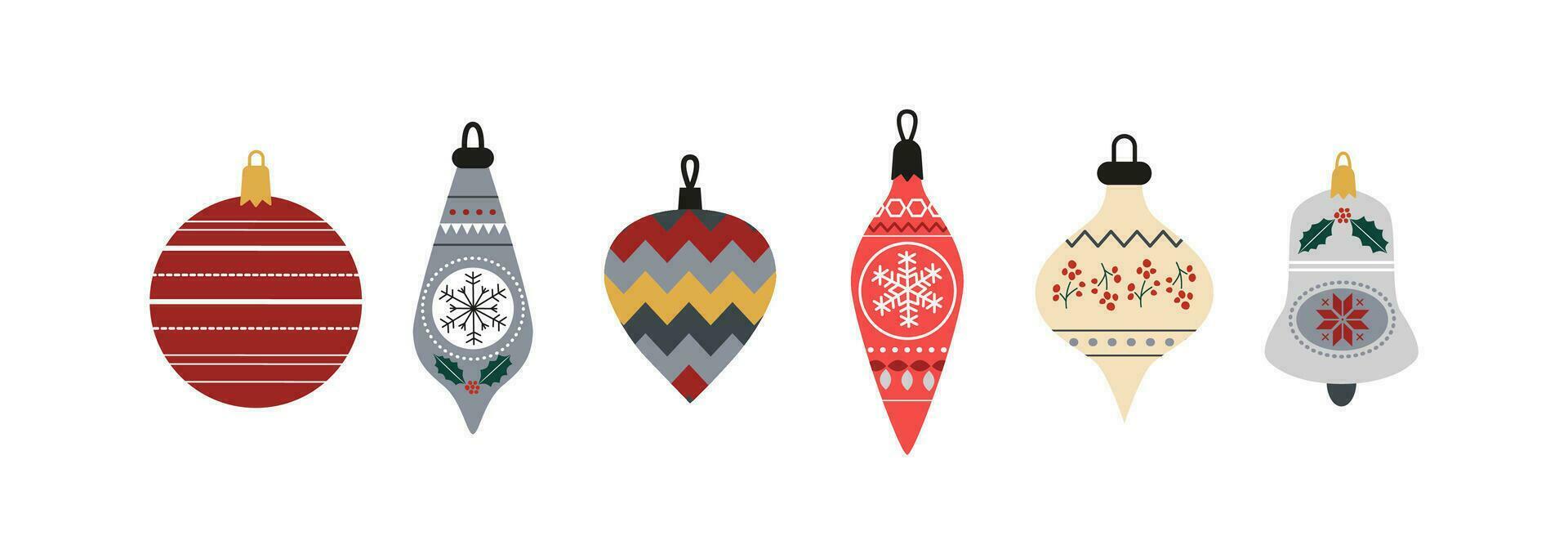 Collection of Christmas tree baubles in Scandinavian style - balls, toys, decorations, bells. Modern vintage Christmas. X-mas holidays. New Year. Playful stickers, icons, symbols. vector