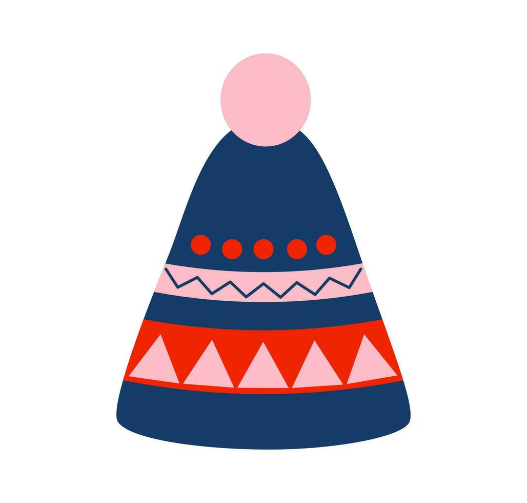 azul invierno estampado sombrero con pompón, plano vector. de punto sombreros acogedor estación. vector