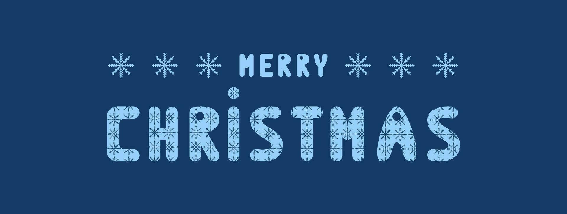 Winter lettering. Inscription with text Merry Christmas. Blue colored letters with snowflakes ornate pattern. Drawing. Banner, background, postcard. vector