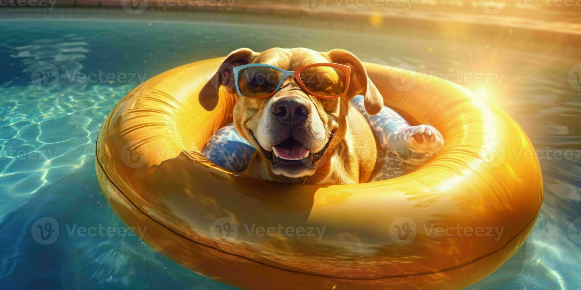 A dog Relaxing on a Swimming Ring in a Pool. Generative AI photo