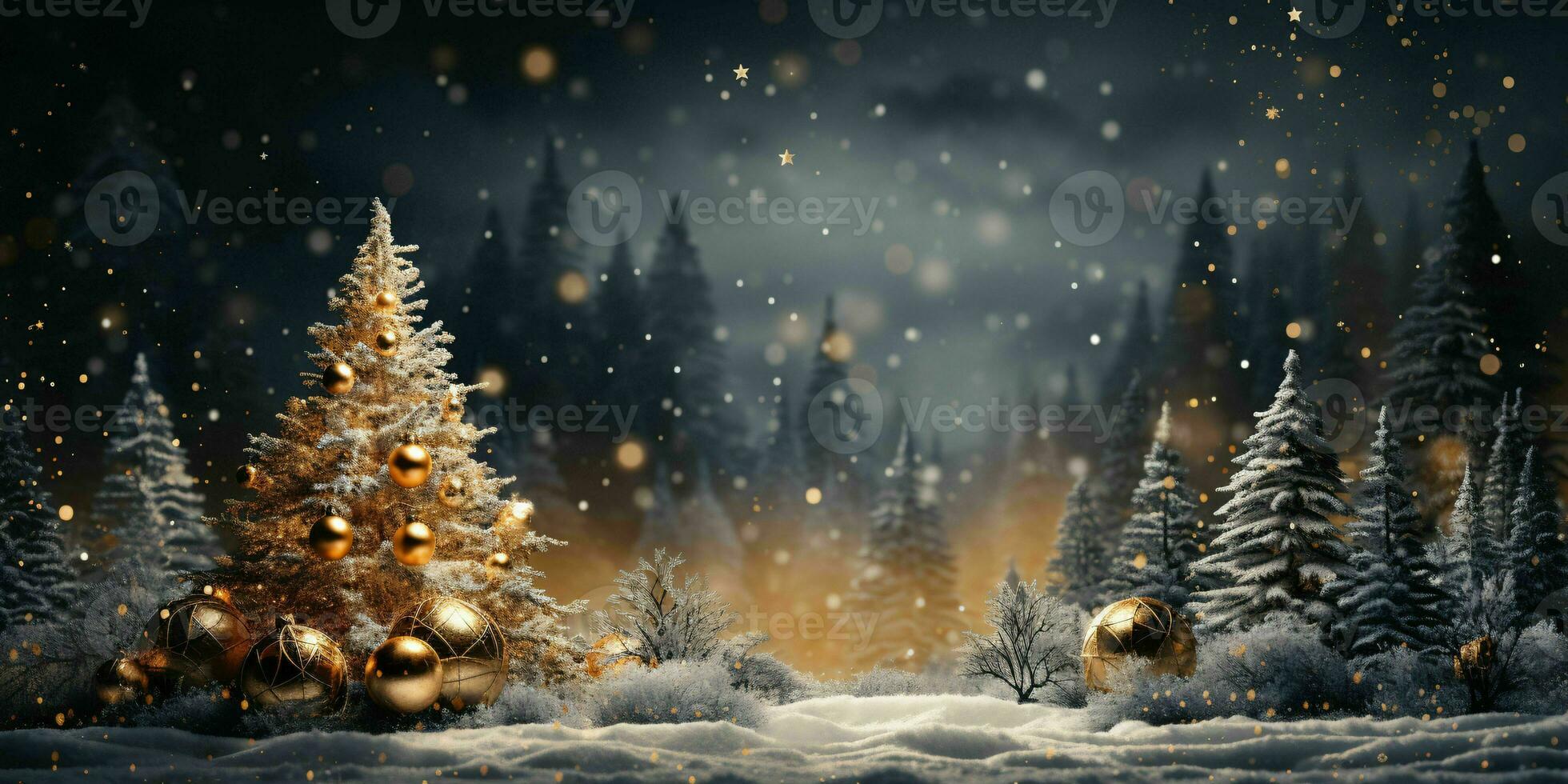 Golden Christmas Tree with Sparkling Lights. Generative AI photo