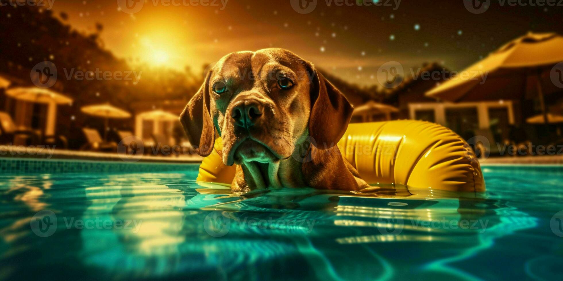 A dog Relaxing on a Swimming Ring in a Pool. Generative AI photo