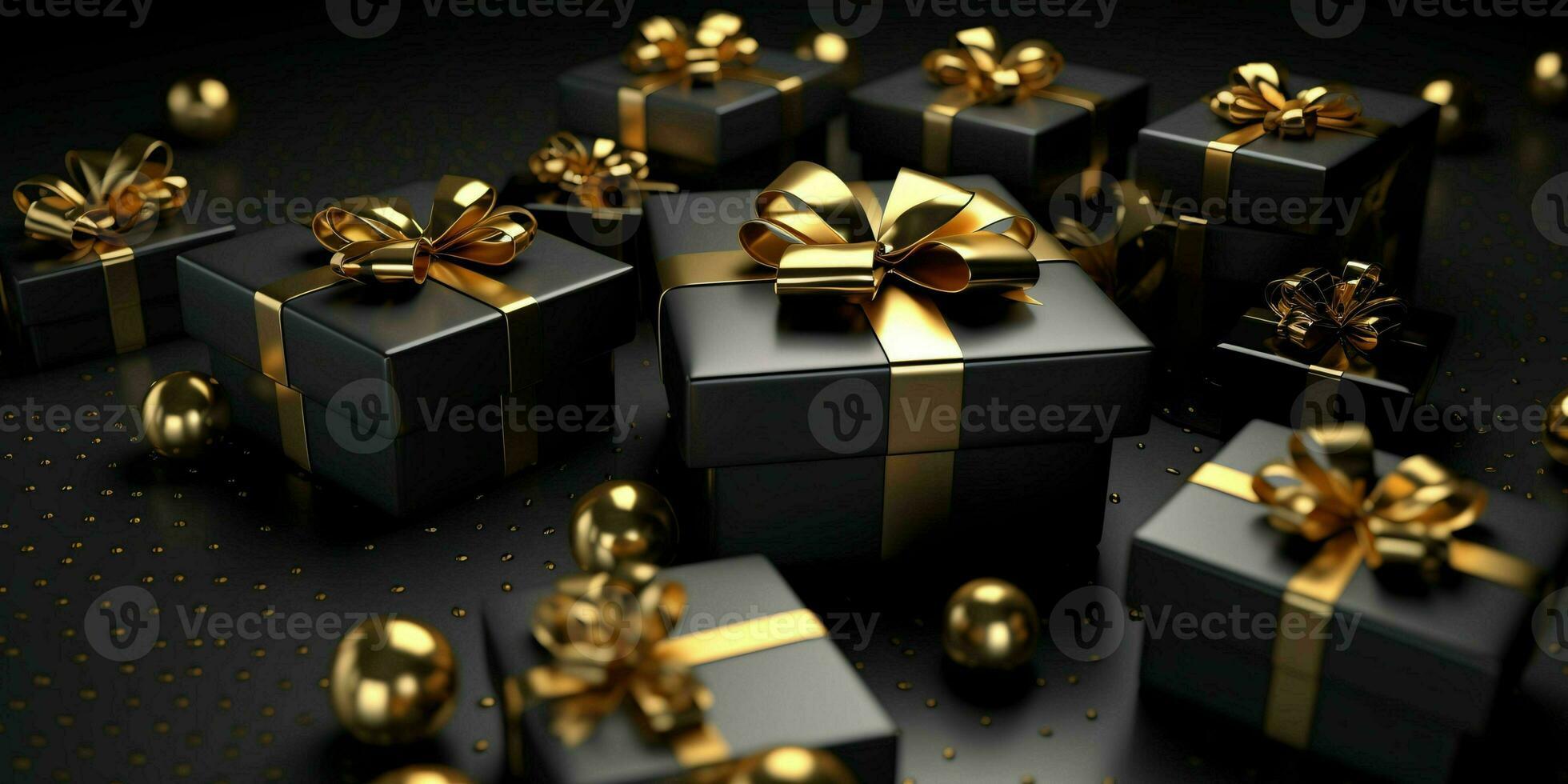 Black Gift Boxes with Gold Ribbon on Black Studio Background. Generative AI photo